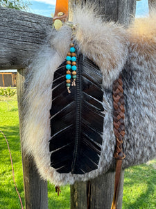 Out West Handmade Leather Feather Black and Turquoise Beads