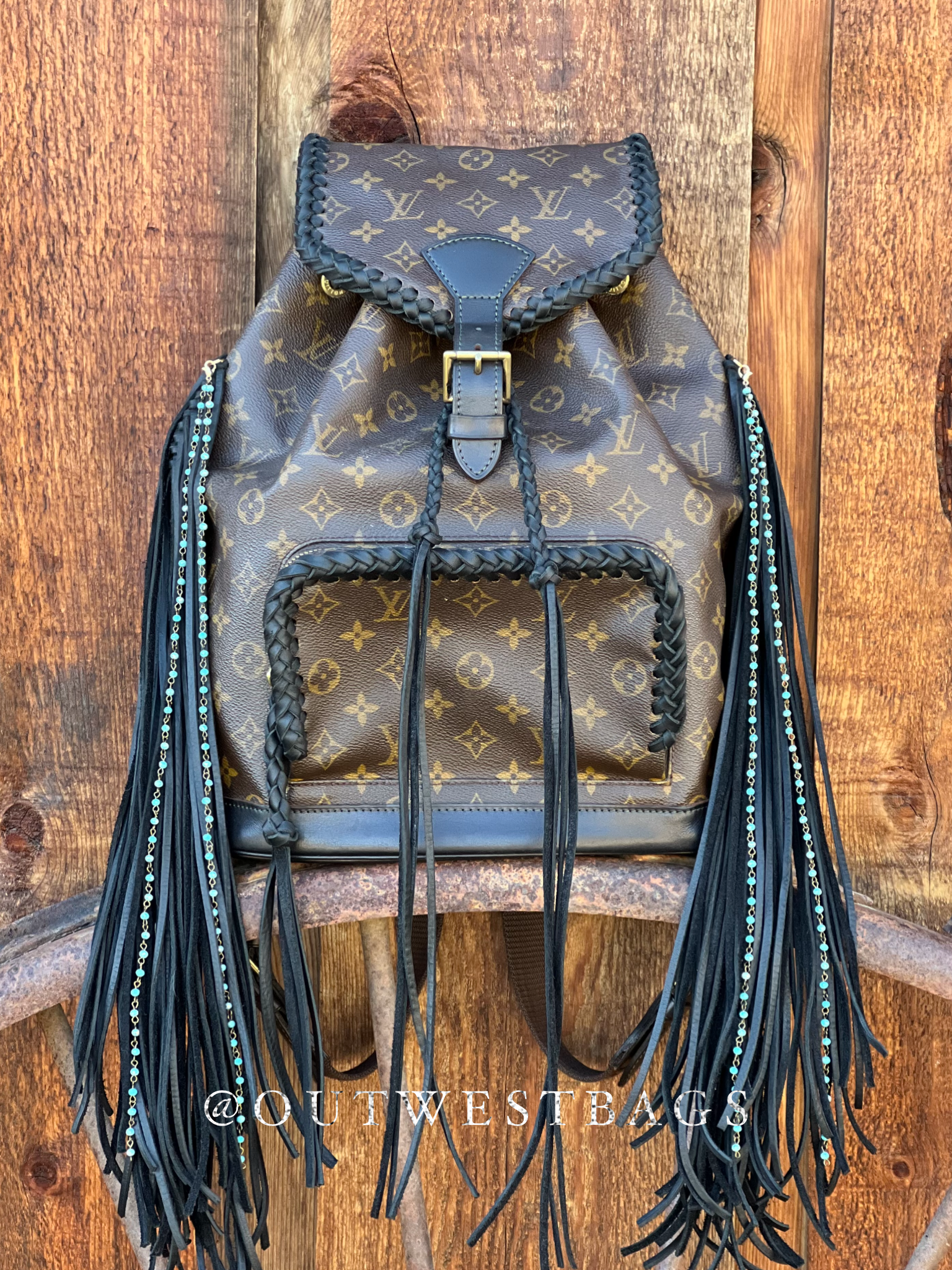 louis vuitton cinch backpack Out West Montsouris Backpack Revamped Leather Braiding and Fringe – Out West Custom Bags